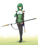  black_footwear black_gloves boots breastplate dress elbow_gloves fingerless_gloves fire_emblem fire_emblem:_monshou_no_nazo full_body gloves green_dress green_eyes green_hair high_heel_boots high_heels holding holding_weapon kirishima_satoshi long_hair looking_at_viewer paola polearm short_dress shoulder_armor simple_background solo spaulders spear standing thigh_boots thighhighs weapon white_background 