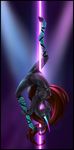  2015 agility anthro bioluminescence breasts clothed clothing dancing digital_media_(artwork) equine female glowing hair hooves horn leather mammal midriff nipples piercing pole pole_dancing quillu quillu_(character) simple_background smile solo unicorn 