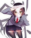  1girl artist_request black_hair black_legwear blush breasts choker female kajou_ayame kanji large_breasts leaning_forward long_hair meaomao necktie panties panties_on_head pleated_skirt school_uniform shimoneta_to_iu_gainen_ga_sonzai_shinai_taikutsu_na_sekai simple_background skirt solo thighhighs underwear uniform very_long_hair white_panties 