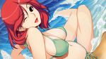  ;d beach bikini breasts cleavage covered_nipples day green_bikini highres ino kareshi_inai_reki_=_nenrei knees_together_feet_apart large_breasts narushima_azuki navel ocean one_eye_closed open_mouth outdoors purple_eyes red_hair smile solo strap_gap swimsuit water 