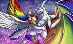  2015 anthro canine claws color dragon duo fur horn jakensitou love male male/male mammal nude rainbow romantic smile tattoo wings wolf 