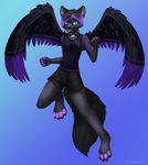  2015 anthro black_feathers black_fur blue_eyes canine clothed clothing collar cute feathers fishnet flying fox fur hair jamesfoxbr looking_at_viewer male mammal multicolored_fur open_mouth outside purple_feathers purple_fur simple_background smile solo teeth tongue two_tone_feathers two_tone_fur wings 
