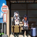  akatsuki_(kantai_collection) beize_(garbage) blue_hair bus_stop fanning_face hat hibiki_(kantai_collection) highres kantai_collection loafers long_hair multiple_girls neckerchief no_hat no_headwear open_mouth pantyhose school_uniform serafuku shoes sideways_glance silver_hair sitting skirt suitcase sweat 