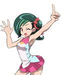  1girl bare_legs bare_shoulders blush female green_hair hair_ribbon happy looking_at_viewer mini_skirt miniskirt mizuki_kotori_(yuu-gi-ou_zexal) mutsuki_riichi ribbon school_uniform short_hair simple_background skirt solo wink yu-gi-oh! yuu-gi-ou_zexal 