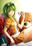  &gt;:) digital_media_player goggles green_eyes green_hair gumi headphones highres ipod ipod_shuffle jacket jurrig looking_at_viewer open_clothes open_jacket orange_shirt orange_skirt shirt short_sleeves sitting skirt smile solo stuffed_animal stuffed_toy v-shaped_eyebrows vocaloid white_shirt 