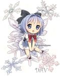  :d antenna_hair artist_name between_legs blue_eyes blue_hair bow bowtie chibi cirno dav-19 dress full_body hair_ribbon hand_between_legs ice ice_wings open_mouth ribbon smile snowflakes solo sparkle touhou transparent_background watermark web_address wings 