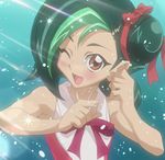  bare_shoulders female gradient gradient_background green_hair happy mizuki_kotori_(yuu-gi-ou_zexal) screencap short_hair solo water wink yu-gi-oh! yuu-gi-ou_zexal 