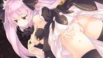  1girl ass ass_grab black_legwear blush detached_sleeves dungeon_travelers_2 grabbing_own_ass lilian_craper long_hair official_art panties pantyshot pink_hair red_eyes simple_background solo sumaki_shungo thighhighs underwear upskirt white_panties wide_sleeves 