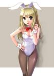  animal_ears bare_shoulders blonde_hair blush bow bowtie breasts brown_eyes bunny_ears bunnysuit cleavage detached_collar hand_on_hip katahira_masashi long_hair looking_at_viewer open_mouth original pantyhose small_breasts smile solo wrist_cuffs 