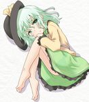  barefoot fetal_position frilled_skirt frilled_sleeves frills full_body green_eyes green_hair hat komeiji_koishi natsu_no_koucha plantar_flexion shirt short_hair skirt solo touhou 