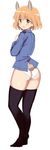  :o amelie_planchard animal_ears ass bangs black_legwear blush bunny_ears bunny_tail from_behind full_body glastonbury1966 green_eyes hair_between_eyes highres looking_back open_mouth orange_hair panties short_hair simple_background solo standing strike_witches tail thighhighs underwear white_background white_panties world_witches_series 