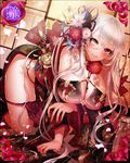  breasts card_(medium) flower hair_flower hair_ornament heterochromia japanese_clothes jewelry jpeg_artifacts kimono kuroda_kanbee_(sengoku_bushouki_muramasa) large_breasts long_hair petals purple_eyes ring sengoku_bushouki_muramasa silver_eyes silver_hair solo very_long_hair 