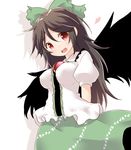  arms_behind_back black_wings bow brown_hair hair_bow head_tilt heart long_hair natsu_no_koucha open_mouth red_eyes reiuji_utsuho revision simple_background skirt solo third_eye touhou white_background wings 