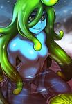  amano-g blue_skin breasts goo_girl green_eyes green_hair highres long_hair monster_girl monster_musume_no_iru_nichijou navel no_nipples no_pussy nude out_of_character partially_submerged small_breasts smile solo suu_(monster_musume) tentacle_hair very_long_hair water 