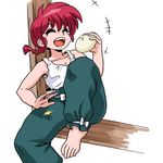  1girl ^o^ braid breasts eyes_closed food genderswap laughing nikuman nipples open_mouth ranma-chan ranma_1/2 red_hair saotome_ranma simple_background single_braid sitting smile solo wantan-orz 