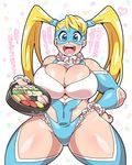  1girl blonde_hair breasts doboshiru female food large_breasts mask open_mouth rainbow_mika simple_background solo street_fighter thick_thighs twintails 