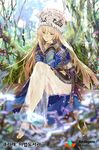  barefoot blonde_hair crossed_legs feet forest hair_ornament head_on_hand headdress long_hair long_skirt looking_at_viewer macciatto_(aciel02) nature qurare_magic_library see-through sitting skirt traditional_clothes very_long_hair 