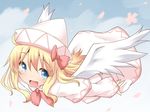  angel_wings blonde_hair blue_eyes dress flying hat lily_white natsu_no_koucha petals pink_dress solo touhou wings 