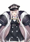  1girl belt blush echj eyes_closed fur_collar girls_frontline happy_tears hat kar98k_(girls_frontline) long_coat long_hair long_sleeves military military_uniform oversized_clothes peaked_cap smile solo tears uniform younger 