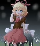  :d blonde_hair blue_eyes bow flower hair_bow lily_of_the_valley medicine_melancholy natsu_no_koucha open_mouth puffy_short_sleeves puffy_sleeves shirt short_hair short_sleeves sitting skirt smile touhou 
