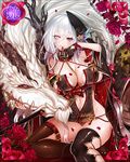  apt between_breasts black_legwear breasts brown_legwear card_(medium) dragon flower hat heterochromia jpeg_artifacts kuroda_kanbee_(sengoku_bushouki_muramasa) long_hair official_art petals purple_eyes rose sengoku_bushouki_muramasa silver_eyes silver_hair solo sword thighhighs very_long_hair weapon 