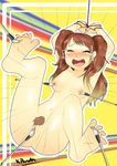  1girl ass barefoot blush breasts brown_hair feet foot_tickling kujikawa_rise laughing navel nipples nude persona_4 pubic_hair pussy soles striped_background tears tickling toes uncensored 