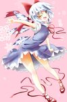 blue_dress bow cirno dress grey_eyes hair_bow highres ice ice_wings indo_(mdtanaka2007) leg_ribbon legs one_eye_closed open_mouth puffy_short_sleeves puffy_sleeves ribbon shirt short_sleeves silver_hair smile solo touhou wings 