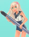  :d aqua_eyes blue_background cowboy_shot flower hair_flower hair_ornament kantai_collection lifebuoy long_hair looking_at_viewer open_mouth peroncho pink_flower ro-500_(kantai_collection) sailor_collar school_swimsuit simple_background smile solo swimsuit swimsuit_under_clothes tan tanline 