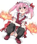  :o absurdres alternate_hair_color black_legwear blush bow cosplay fire flandre_scarlet flandre_scarlet_(cosplay) greatmosu hat hat_bow hat_ribbon highres looking_at_viewer mob_cap nana_asta_deviluke open_mouth panties pantyshot pantyshot_(squatting) pink_eyes pink_hair pointy_ears ribbon ribbon-trimmed_headwear ribbon_trim short_hair solo squatting sweat thighhighs to_love-ru touhou twintails two_side_up underwear white_background white_panties 
