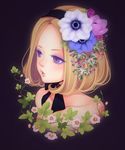  anemone_(flower) aoi_itou blonde_hair collarbone flower hair_flower hair_ornament hairband leaf original purple_background purple_eyes short_hair solo 