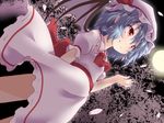  blue_hair cherry_blossoms dress fang_out full_moon hat mob_cap moon natsu_no_koucha petals red_eyes remilia_scarlet short_hair smile solo touhou 
