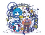  baton_(instrument) blue_eyes blue_hair cape charlotte_(madoka_magica) cheese chibi food gloves instrument long_hair magical_girl mahou_shoujo_madoka_magica mahou_shoujo_madoka_magica_movie mask miki_sayaka momoe_nagisa multiple_girls natsuno_riku pantyhose polka_dot polka_dot_legwear pyotr_(madoka_magica) short_hair sword thighhighs trumpet weapon white_hair yellow_eyes zettai_ryouiki 