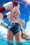  40hara :d arm_up ass_visible_through_thighs blonde_hair blue_eyes carrying_overhead cowboy_shot crop_top crop_top_overhang day fisheye flower from_below hair_flower hair_ornament highres kantai_collection lens_flare lifebuoy light_rays long_hair looking_at_viewer one-piece_tan open_mouth partially_underwater_shot ro-500_(kantai_collection) sailor_collar school_swimsuit sky smile solo sunbeam sunlight swimsuit swimsuit_under_clothes tan tanline torpedo wading water 