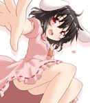  ass black_hair carrot dress heart inaba_tewi jewelry legs looking_at_viewer natsu_no_koucha necklace open_mouth outstretched_hand pendant pink_dress puffy_short_sleeves puffy_sleeves red_eyes short_sleeves smile solo touhou upskirt 
