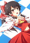  :d argyle argyle_background ascot black_hair blush bow commentary_request detached_sleeves dutch_angle groin hair_bow hair_tubes hakurei_reimu highres japanese_clothes long_hair looking_at_viewer miko navel open_mouth oyu_(sijimisizimi) red_eyes smile solo touhou 