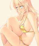  aqua_eyes bags_under_eyes bikini blonde_hair breasts cleavage collarbone large_breasts lipstick long_hair makeup mustard_seeds navel original side-tie_bikini sideboob sitting solo swimsuit yellow_bikini yuuji_(and) 