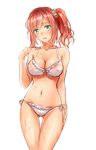  ass_visible_through_thighs bikini blush breasts cleavage collarbone green_eyes head_tilt highres long_hair medium_breasts navel original red_hair side_ponytail solo standing stomach swimsuit wantacchi wet 