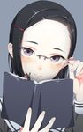  adjusting_eyewear aida_takanobu bad_id bad_twitter_id black_hair blue_eyes book book_focus bookmark face fingernails forehead glasses hair_ornament hairclip hairpin holding holding_book open_book school_uniform serafuku solo 