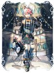  black_nails boombox boots bow bowtie carousel crown facial_mark fukase green_eyes headset male_focus maple_(cyakapon) mini_crown multicolored_hair nail_polish neon_trim open_mouth original see-through smile solo sound_wave spotlight star suspenders vocaloid 