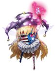  blonde_hair clownpiece commentary_request face fire full_body hat holding jester_cap long_hair looking_at_viewer mazeran neck_ruff parody persona pink_eyes smile solo torch touhou transparent_background 