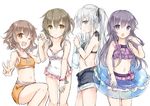  :o ;d akatsuki_(kantai_collection) bikini black_hair blue_eyes brown_eyes brown_hair casual_one-piece_swimsuit frilled_swimsuit frills from_side hibiki_(kantai_collection) holding_hand holding_hands ikazuchi_(kantai_collection) inazuma_(kantai_collection) innertube kantai_collection multiple_girls one-piece_swimsuit one_eye_closed open_mouth silver_hair smile swimsuit v wataame27 