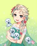  blonde_hair blue_eyes braid elsa_(frozen) flower frozen_(disney) frozen_fever hair_over_shoulder hug ogura_(sao_no) single_braid smile snowgie snowman solo upper_body 