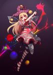  american_flag_dress american_flag_legwear blonde_hair clownpiece dress fairy_wings full_body gradient gradient_background hat jester_cap jpeg_artifacts long_hair looking_at_viewer no-kan open_mouth pantyhose print_legwear purple_eyes short_dress short_sleeves smile solo star striped striped_dress touhou wings 