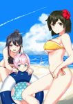  3girls admiral_(kantai_collection) beach bikini casual_one-piece_swimsuit day flower hair_flower hair_ornament hands_on_another's_shoulders haruna_(kantai_collection) hibiscus hiryuu_(kantai_collection) innertube kantai_collection multiple_girls one-piece_swimsuit open_mouth pink_hair poco_(backboa) polka_dot polka_dot_swimsuit shiranui_(kantai_collection) short_hair side-tie_bikini swimsuit 