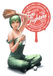  arm_on_head baseball baseball_mitt bracelet character_name copyright_name cup drinking_straw foo_fighters green_eyes green_hair green_lipstick indian_style jewelry jojo_no_kimyou_na_bouken kuroiwa_enu lipstick makeup no_bra overalls shadow sitting solo strap_slip 