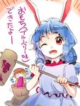  animal_ears blonde_hair blue_hair bunny_ears eating flat_cap floppy_ears food hat holding kine long_hair makuwauri mallet mg_mg mochi multiple_girls one_eye_closed open_mouth red_eyes ringo_(touhou) seiran_(touhou) shirt short_sleeves short_twintails skirt touhou translated twintails wagashi white_background 