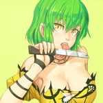  blade_licking breasts cleavage green_hair hikage_(senran_kagura) knife large_breasts licking licking_weapon senran_kagura senran_kagura_shoujo-tachi_no_shin'ei short_hair slit_pupils solo tongue tongue_out yellow_eyes yuuji_(and) 