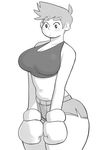  1girl blush boxing_gloves genderswap little_mac monochrome punch-out!! short_hair solo sports_bra thick_thighs wide_hips 