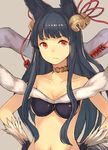  &gt;:( animal_ears bare_shoulders bell black_hair breasts choker cleavage erune fang fang_out fox_ears frown granblue_fantasy hair_bell hair_ornament hands_on_hips long_hair medium_breasts peroncho red_eyes solo v-shaped_eyebrows yuel_(granblue_fantasy) 