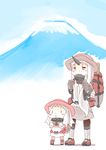  :&lt; bag blue_sky closed_mouth commentary_request dress gloves hat hinata_yuu holding horn kantai_collection long_hair mittens mount_fuji mountain multiple_girls northern_ocean_hime pale_skin red_eyes seaport_hime shinkaisei-kan shoes skirt sky smile socks v-shaped_eyebrows very_long_hair walking_stick white_dress white_hair white_skin |_| 